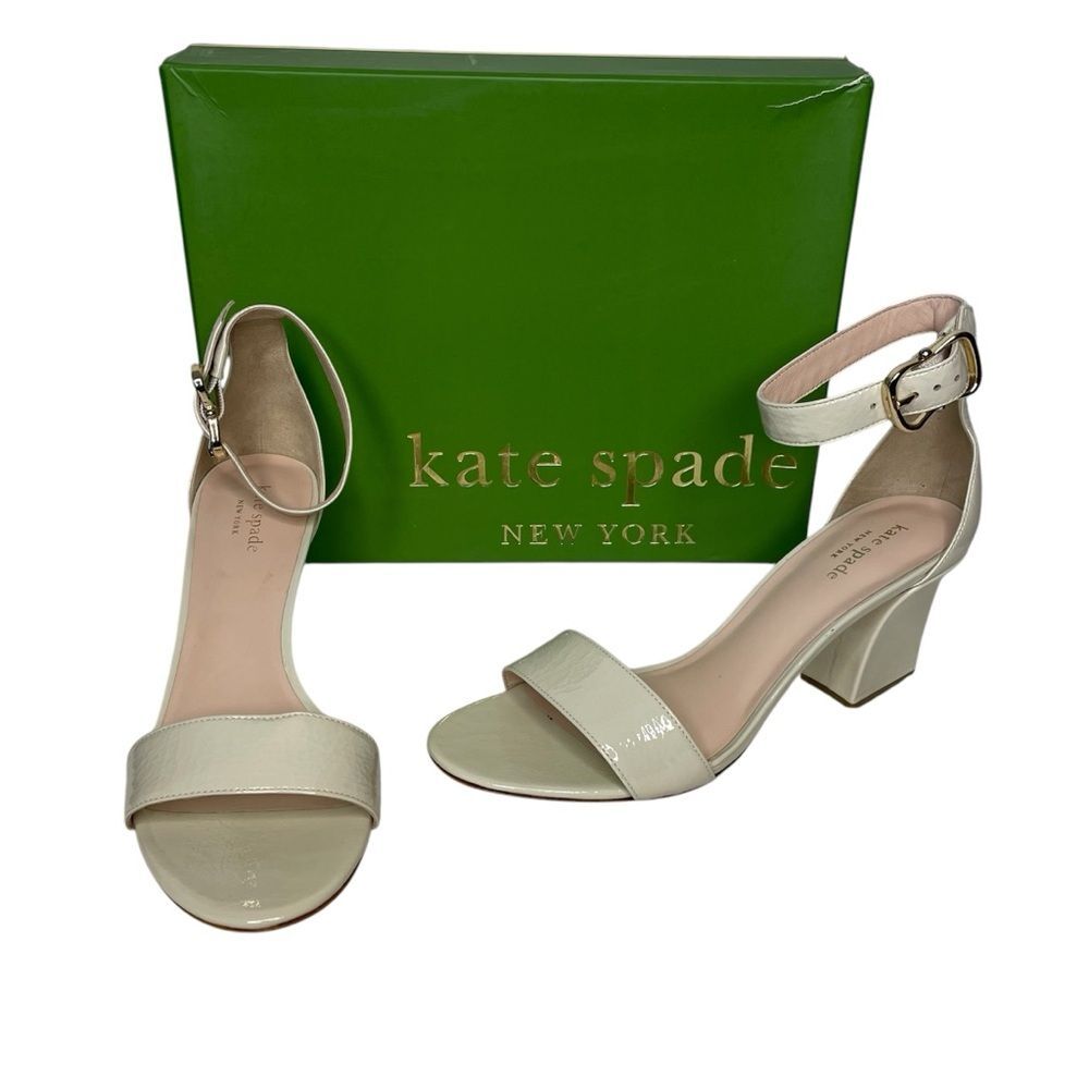 Kate Spade Susane Crinkle Sandals Patent Leather Strap Heels Cream Bone Size 8.5